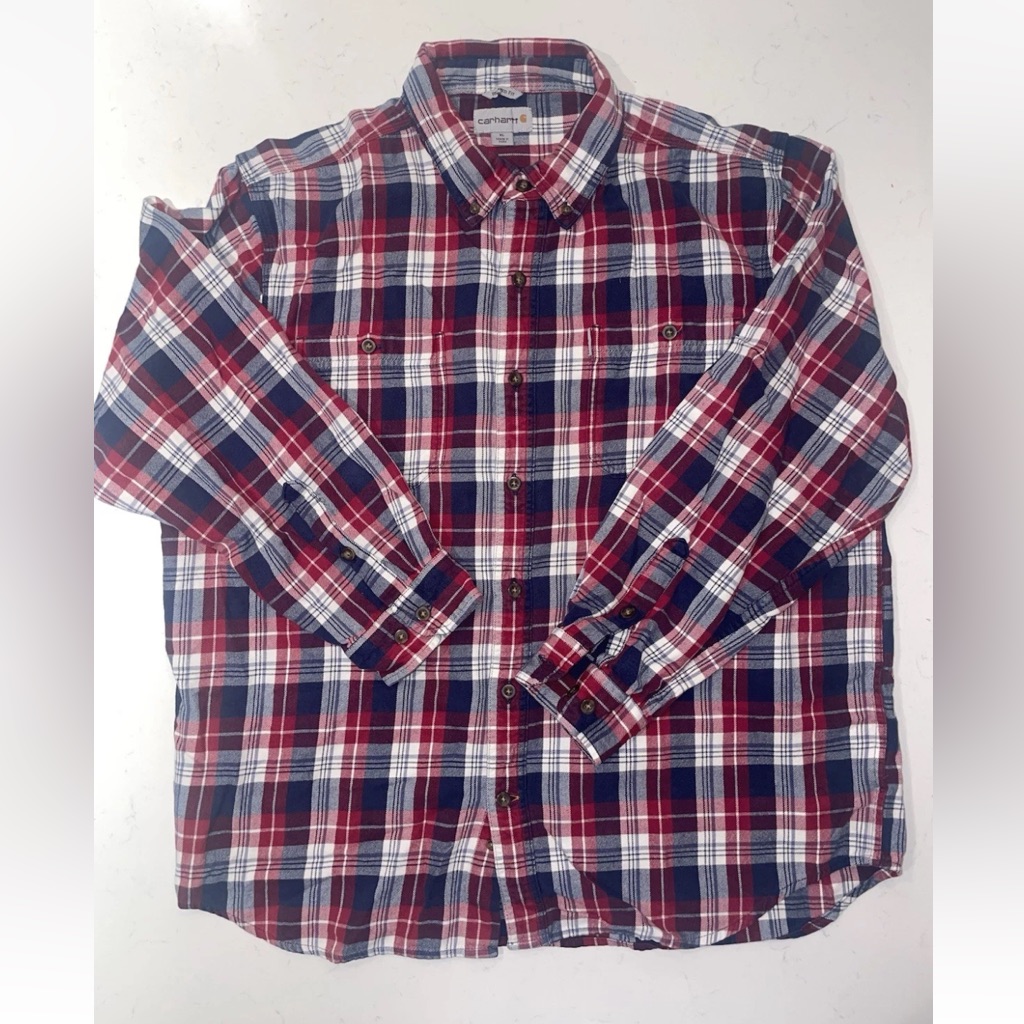Carhartt Flannel Shirt Men Xl Red Black White Plaid Logo